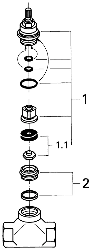 Unterputz-Ventil 29805, DN 25, vormontiertes Oberteil 1″, kurze Spindel, Gewindeanschluss 1″