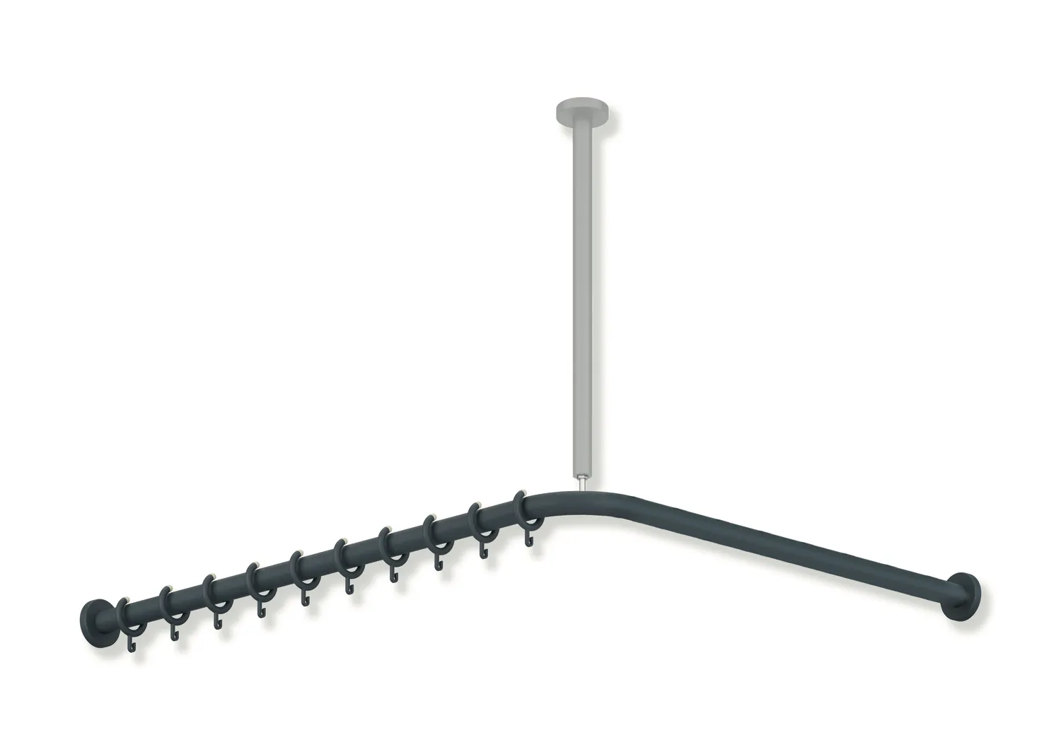 Vorhangstange der Serie 801, Polyamid, matt, Achsmaß 983 x 1183 mm, kürzbar, Deckenabhängung erforderlich, D: 33 mm, mit 24 Vorhangringen, in Farbe 92 (Anthrazitgrau) Vorhangstange der Serie 801, Polyamid, matt, Achsmaß 983 x 1183 mm, kürzbar, Deckenabhängung erforderlich, D: 33 mm, mit 24 Vorhangringen, in Farbe 92 (Anthrazitgrau)