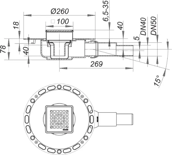 Bodenablauf TistoPlan Quadra 10, DN 40/DN 50, 100 x 100 mm