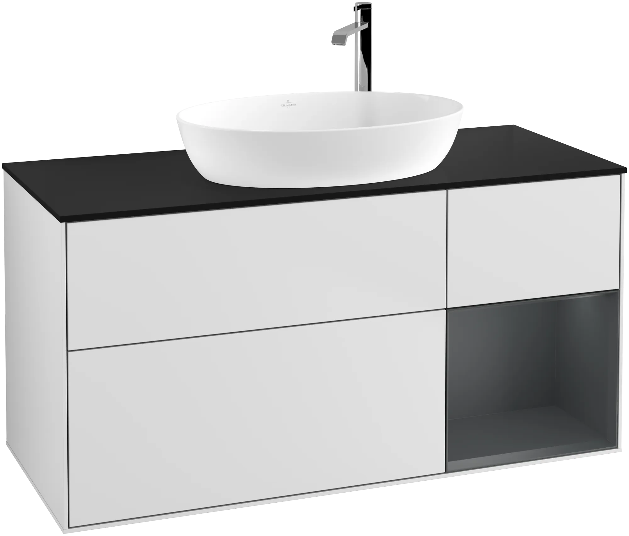 Villeroy & Boch Finion Waschbeckenunterschrank G95, 1200x603x501mm, Beleuchtung, 3 Auszüge, White Matt Lacquer / Midnight Blue Matt Lacquer / Glass