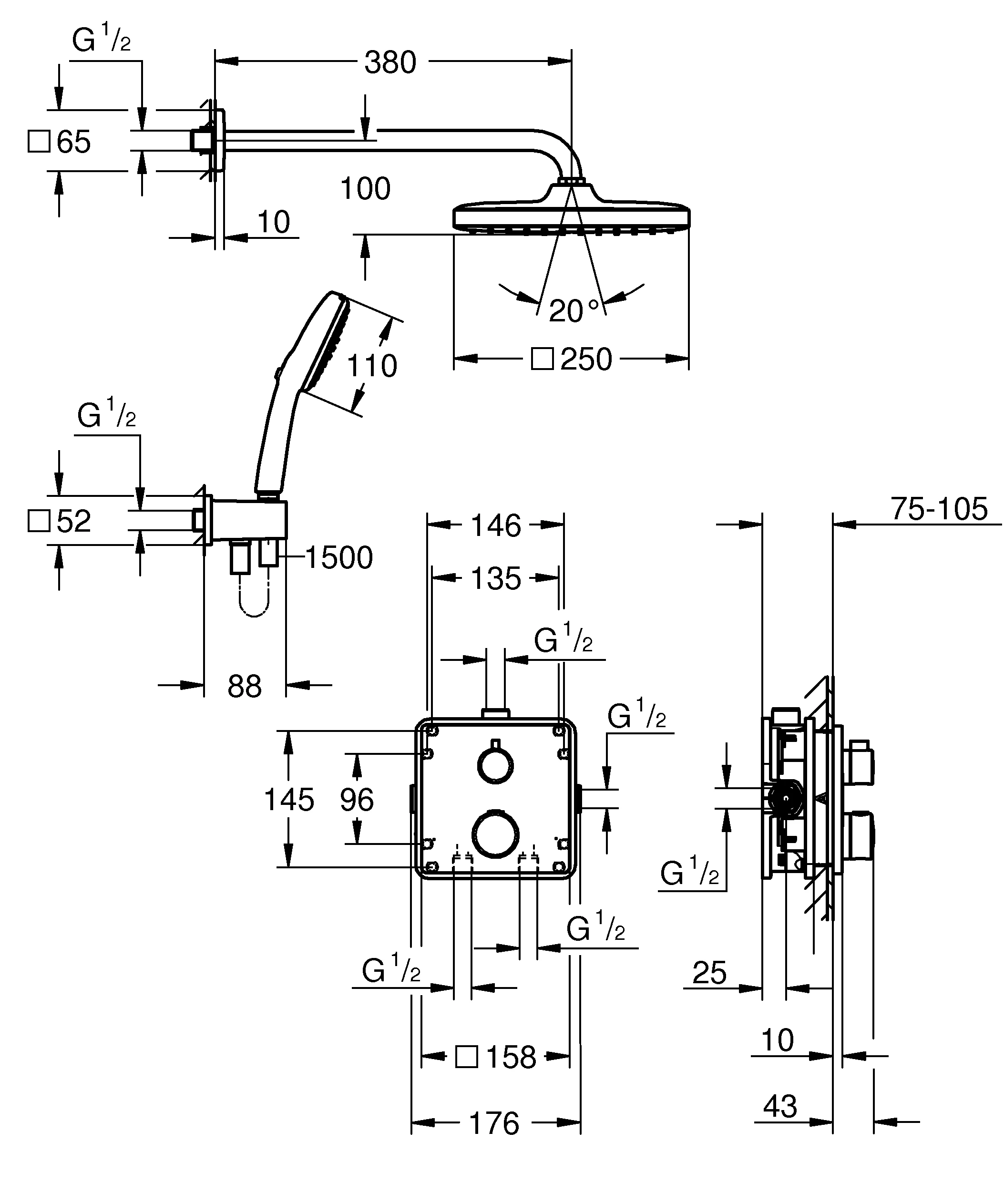 UP-Duschsystem Grohtherm 34871, mit Thermostat-Fertigmontageset 2-Wege-Umstellung, Rapido SmartBox, Tempesta 250 Cube Kopfbrause, Brausearm, Tempesta Cube 110 Handbrause 2 Strahlarten, Brauseschlauch, Wandanschlussbogen mit Wandbrausehalter, chrom