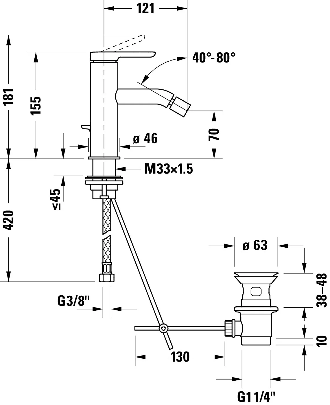 C.1 Einhebel- Bidetmischer Höhe 155 Ausladung 121 mm