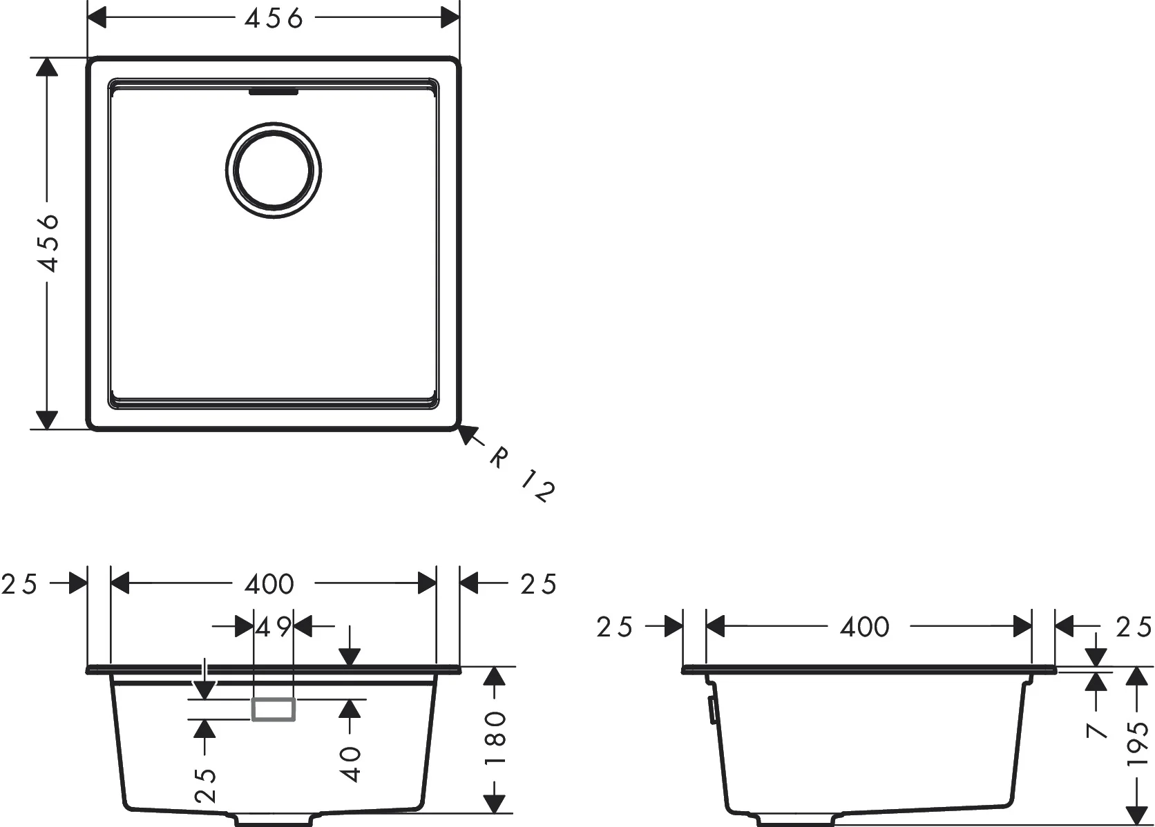 Hansgrohe Unterbauspüle S53 Serie, Graphitschwarz, 436 x 436 mm, Beckentiefe 180 mm, 1 Hauptbecken, ohne Hahnloch Hansgrohe Unterbauspüle S53 Serie, Graphitschwarz, 436 x 436 mm, Beckentiefe 180 mm, 1 Hauptbecken, ohne Hahnloch