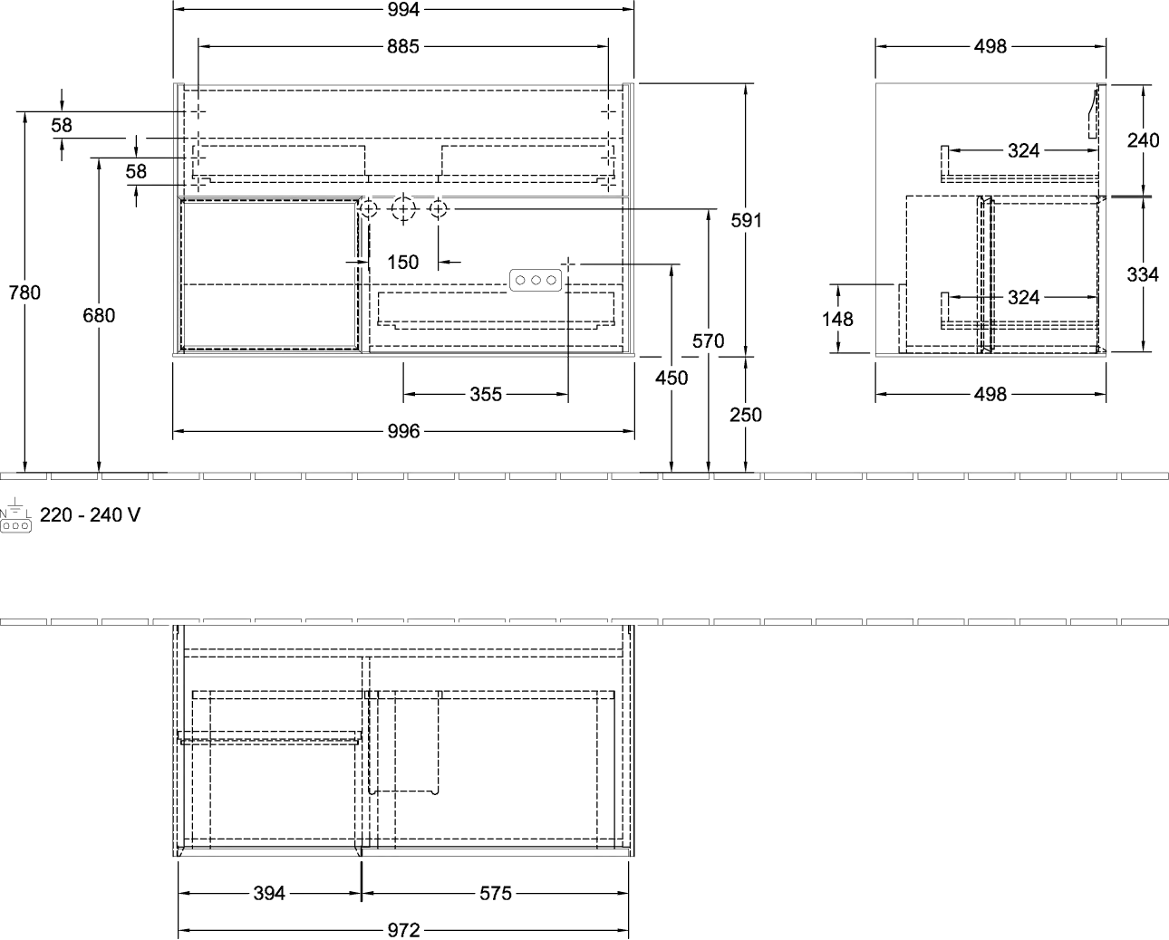 Villeroy & Boch Waschtischunterschrank „Finion“ für Schrankwaschtisch 99,6 × 59,1 × 49,8 cm 2 Schubladen, für Waschtischposition mittig, inkl. Beleuchtung mittig