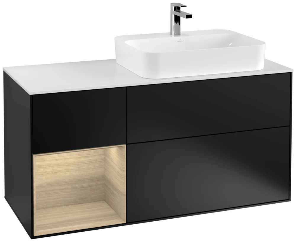 Villeroy & Boch Finion Waschbeckenunterschrank G39 1200x603x501mm Black Matt Lacquer / Oak Veneer / Glass White Matt