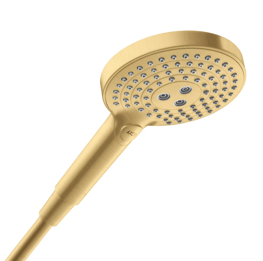 Hansgrohe AXOR ShowerSolutions Handbrause 120 3jet Brushed Gold Optic, 125 mm Brausekopfgröße, Rain/RainAir/WhirlAir Strahlarten, Select-Taste, QuickClean, max. Durchfluss 13,4 l/min bei 3 bar, Anschluss G 1/2