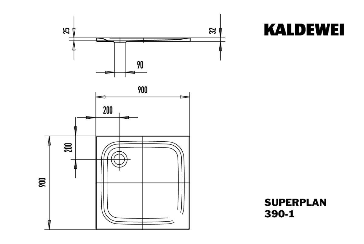 Set-Duschwanne Superplan 90 × 90 cm mit Füßen und Ablauf, weiß