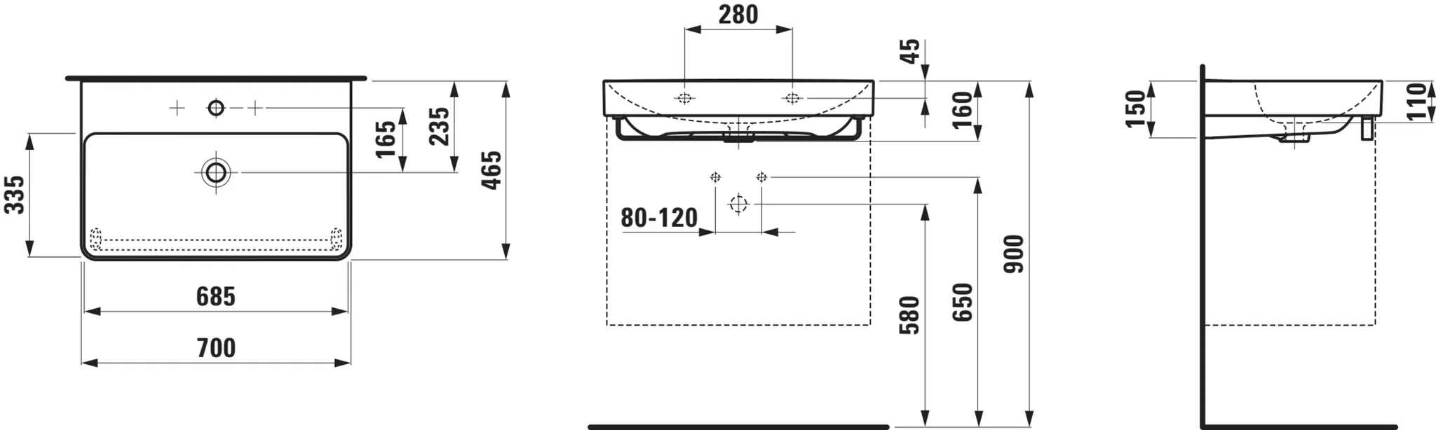 PRO X Waschtisch 810865 1HL m. mÜL, 700x465, weiß PRO X Waschtisch 810865 1HL m. mÜL, 700x465, weiß
