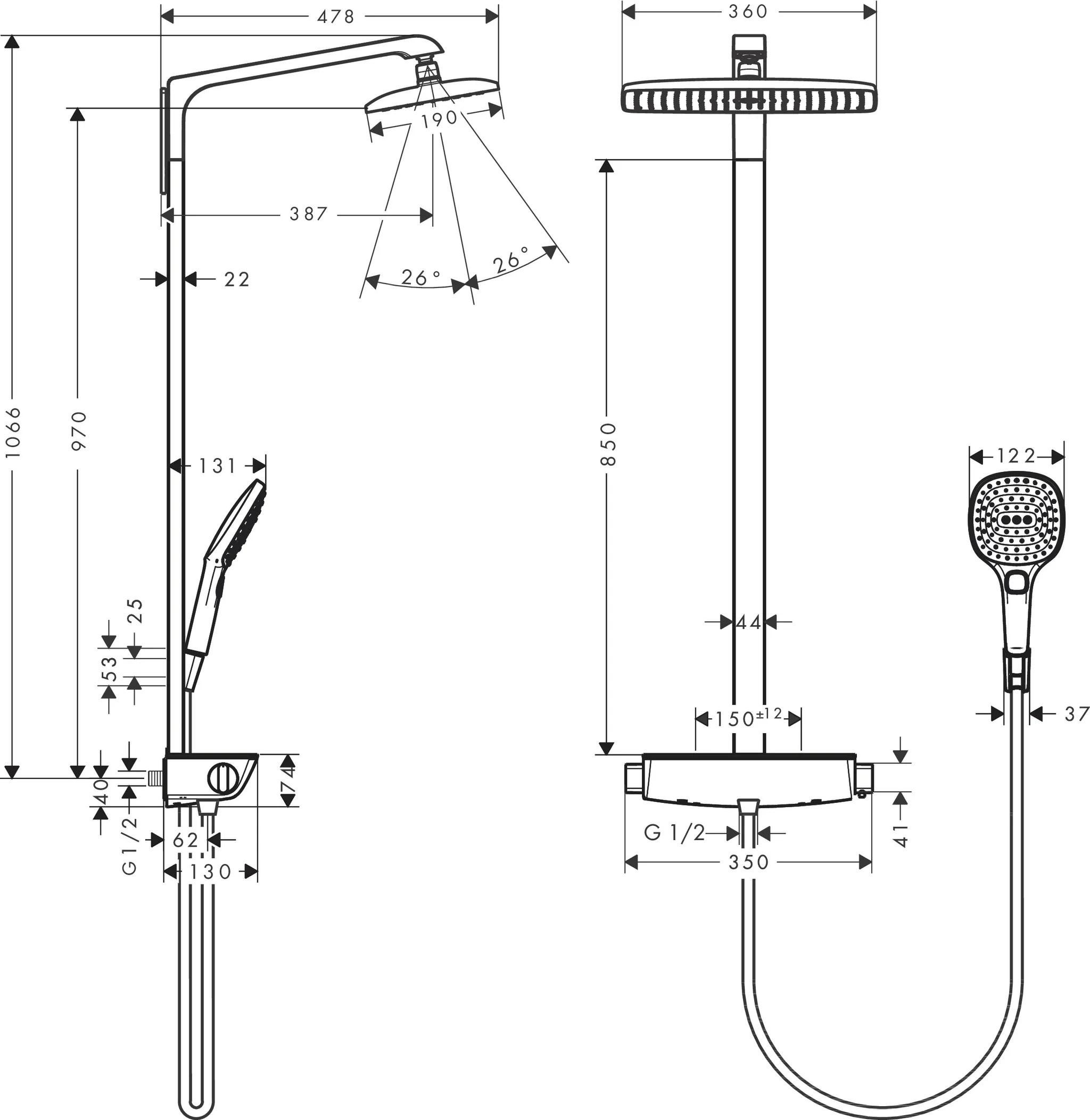 Hansgrohe Showerpipe Raindance E EcoSmart Thermostat Chrom 360 x 190 mm Aufputzinstallation DN15 G 1/2