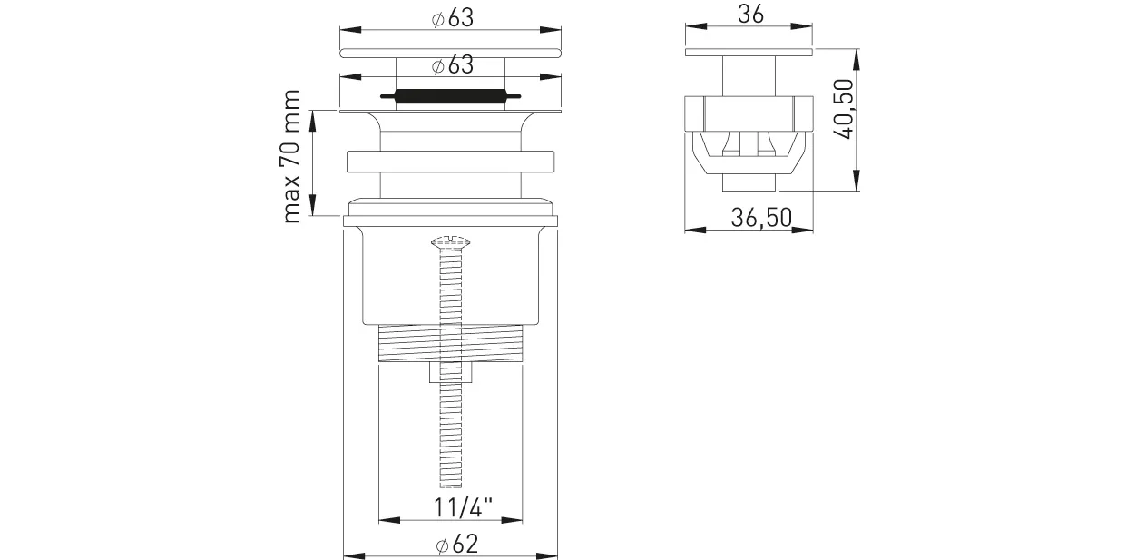 Design-Universalventil 1 1/4″ MS vc, für Becken ab Stärke 0.1 mm