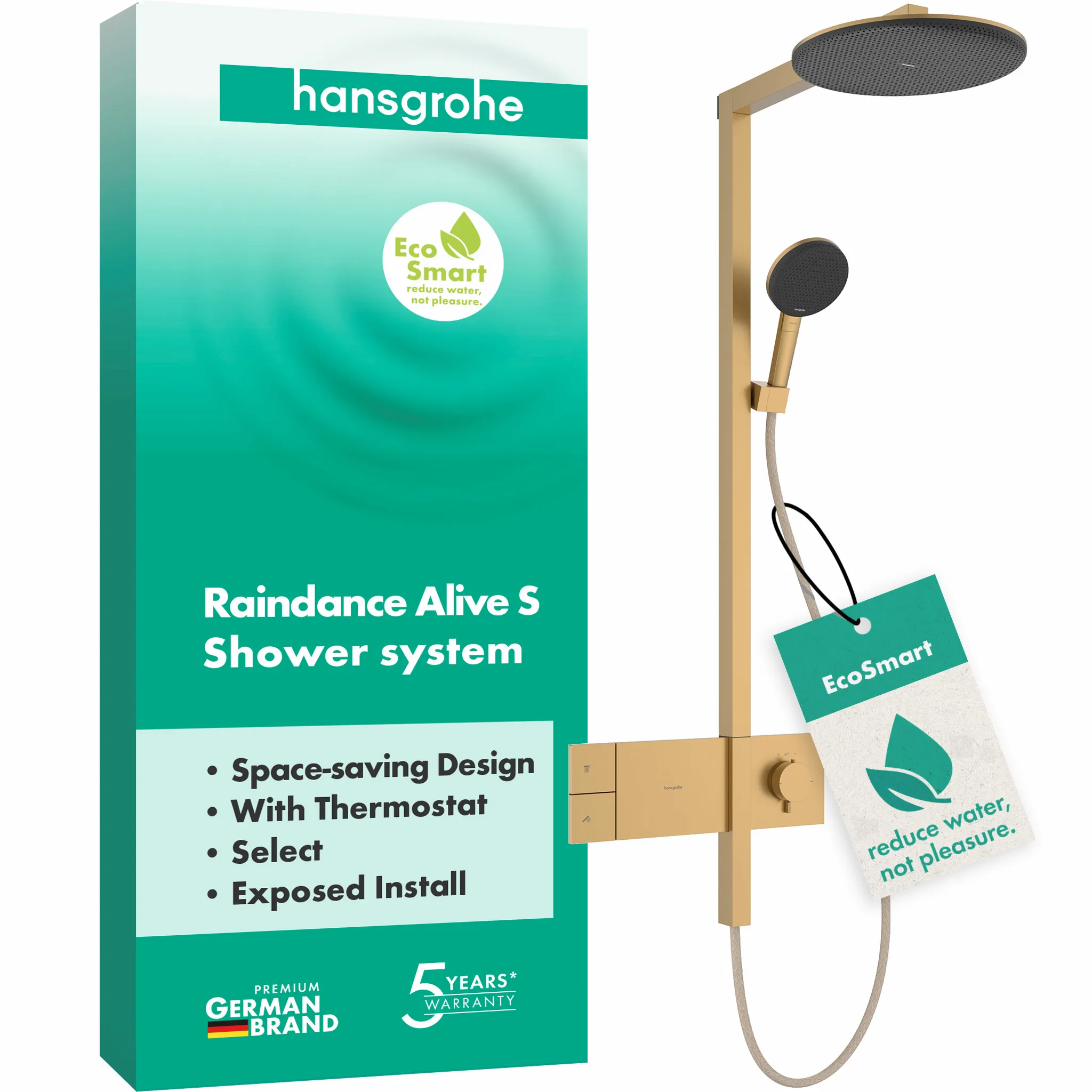 Hansgrohe Raindance Alive S Showerpipe 300 1jet EcoSmart mit Thermostat BBR, Brushed Bronze, 300 mm Brausekopfgröße, Aufputzinstallation