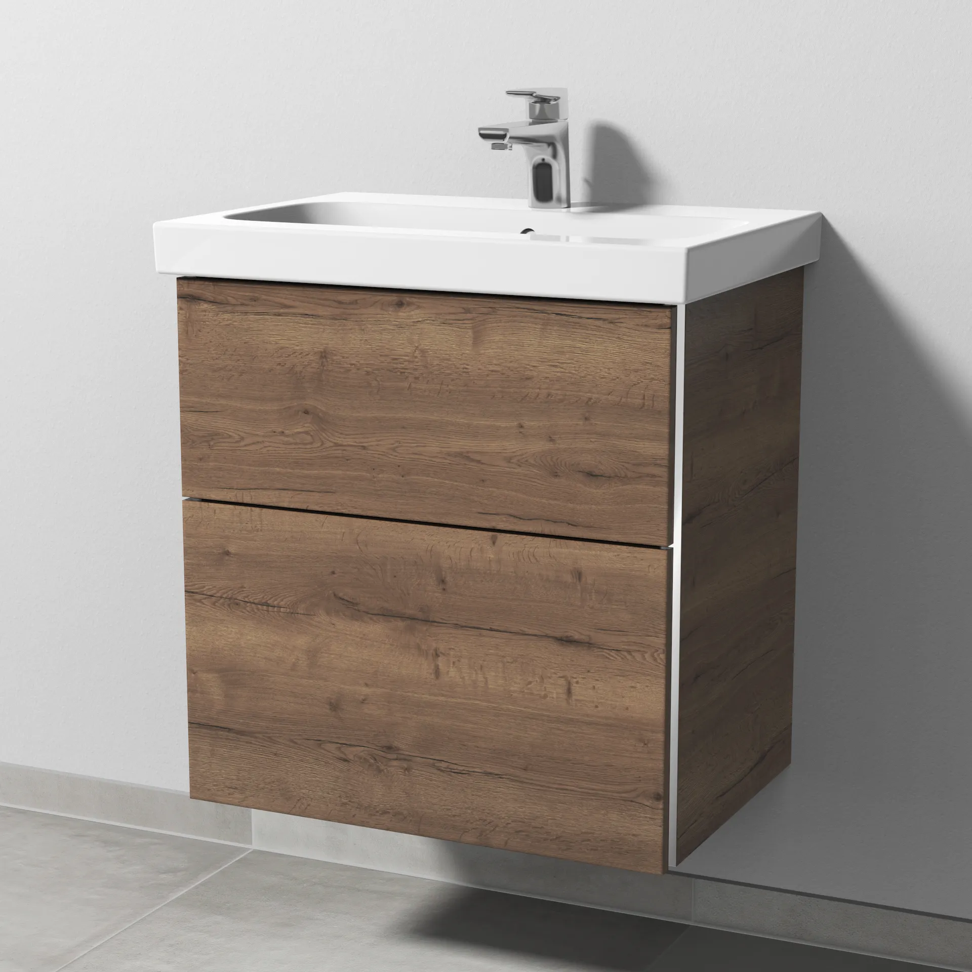 Sanipa Waschtischunterschrank „3way“ passend zu Keramik-Waschtische iCon Light von Geberit 560 × 591 × 407 mm in Eiche Tabak, Becken mittig, mit