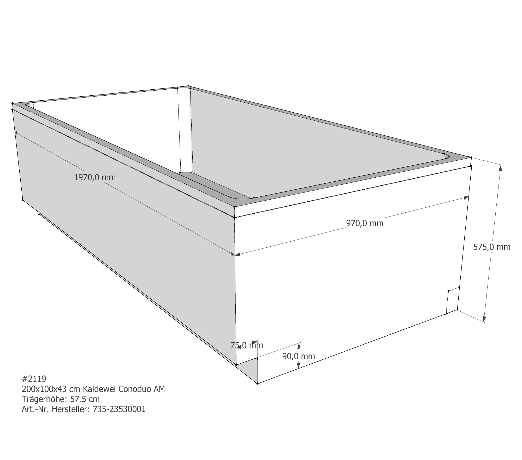 Badewannenträger für Kaldewei Conoduo 200 × 100 × 43 cm Breite: 100 cm / Länge: 200 cm