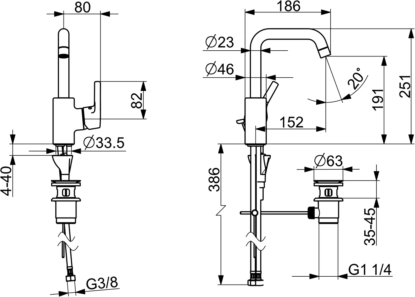 HA Einhebelmischer Waschtischbatterie HANSAPALENO 5637 Ablaufgarnitur mit Zugstange Ausladung 152 mm DN15 Chrom
