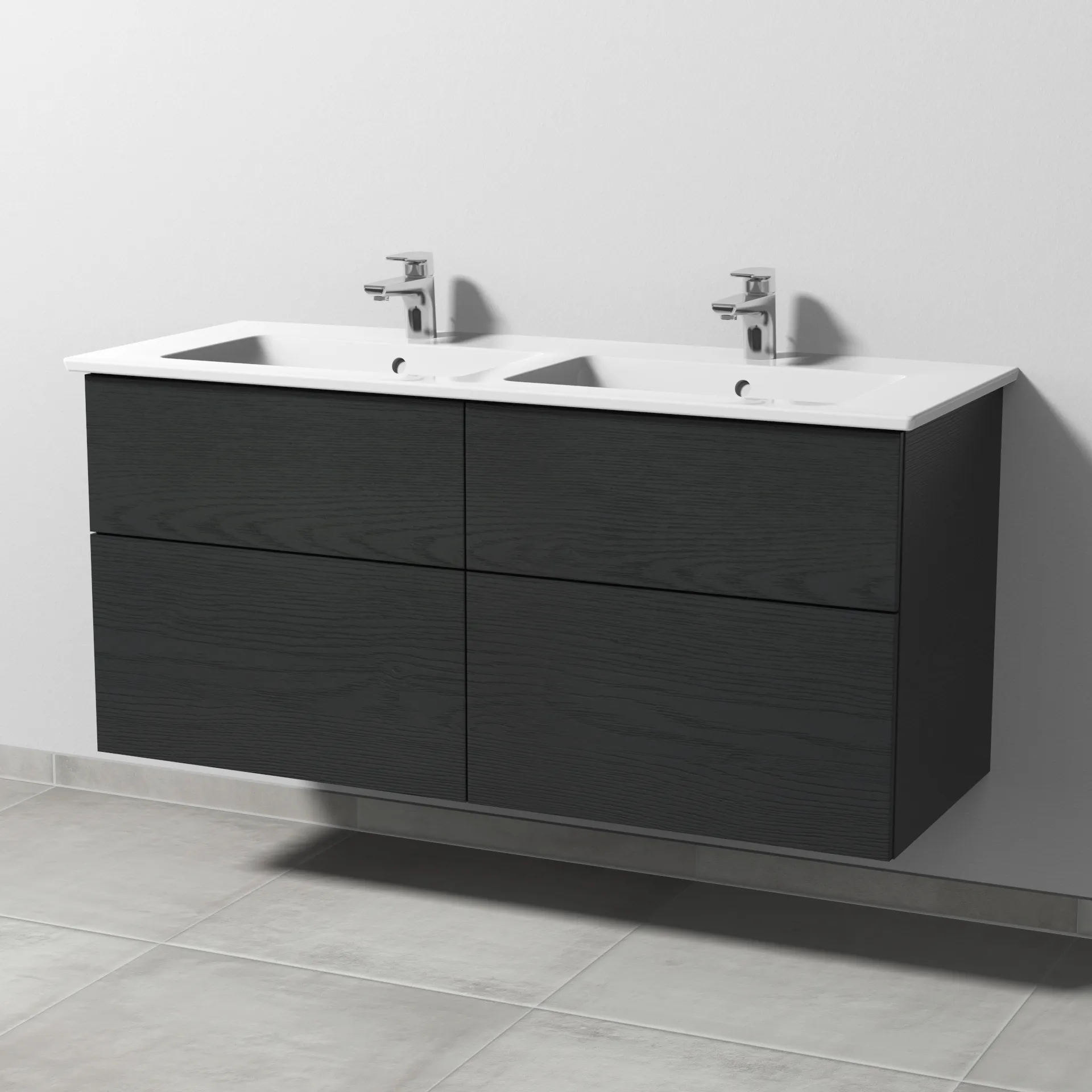 Keramik-Waschtisch-Set mit Waschtischunterschrank „3way“ 125,5 × 47,7 × 59,1 cm in Black Oak, mit Hahnlochbohrung, Becken links und rechts