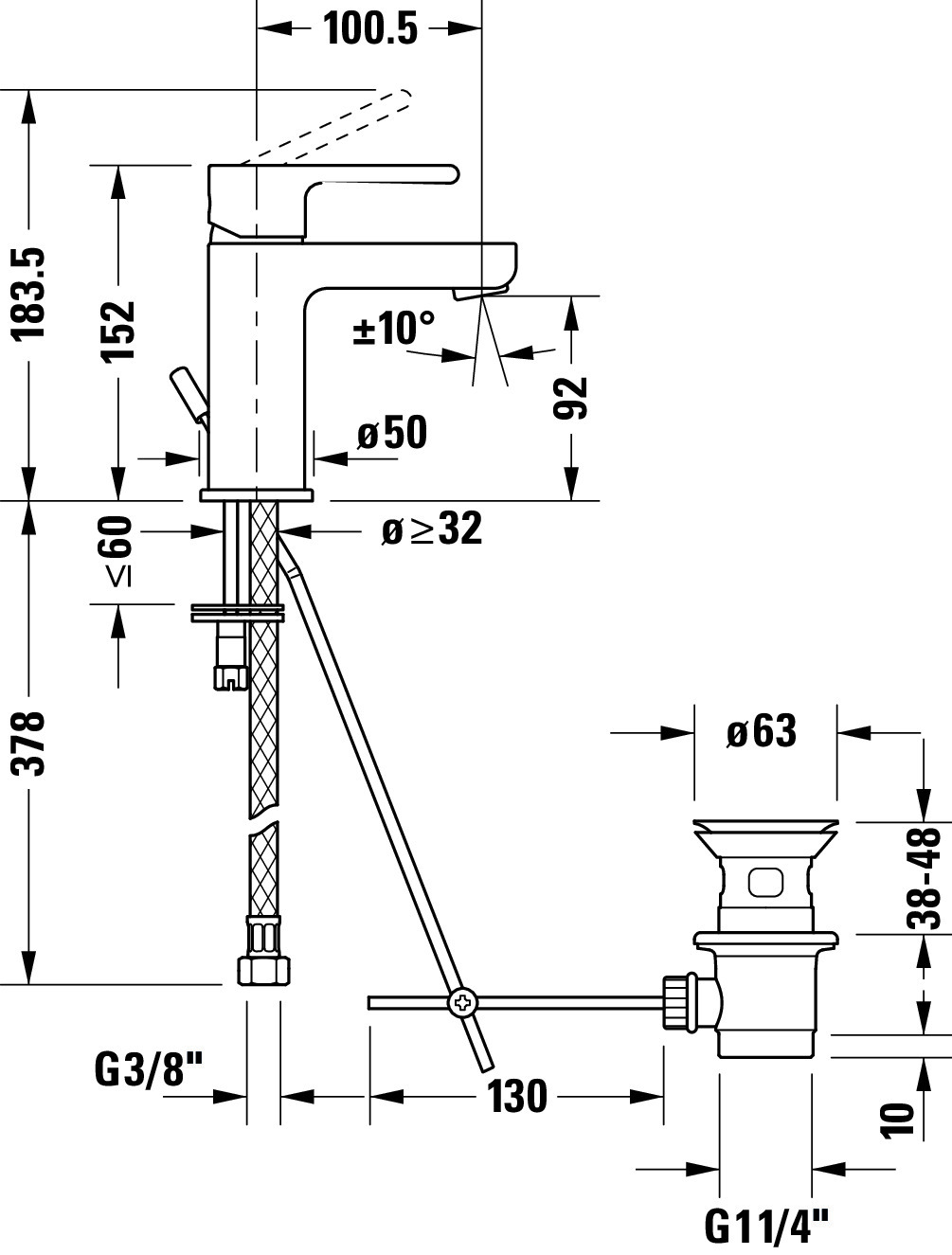 B.2 Einhebel-Waschtischmischer S mit Zugstangen,Höhe 152 Ausladung 100,5 mm