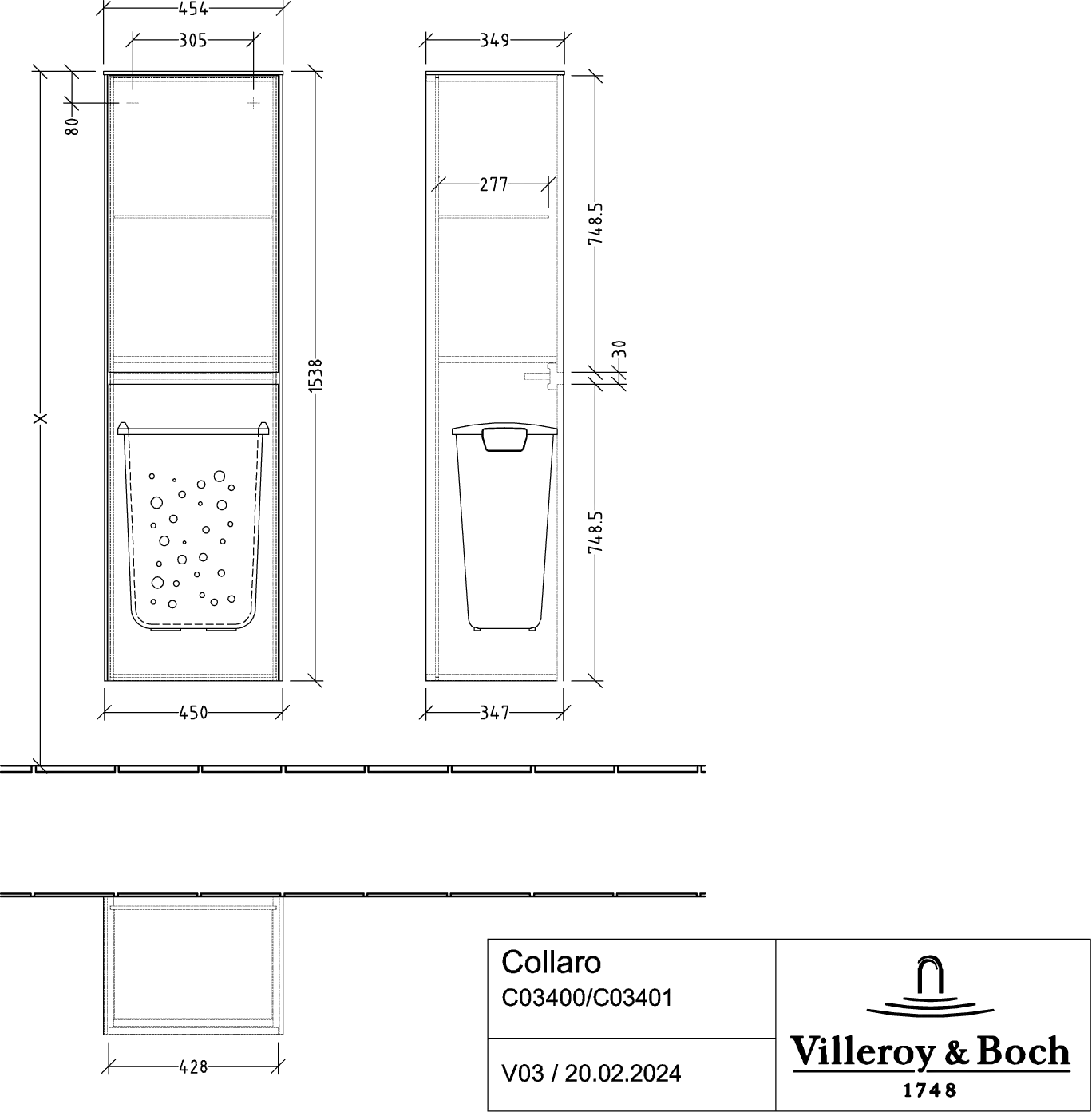 Villeroy & Boch Hochschrank mit Wäschekorb „Collaro“ 45,4 × 153,8 × 34,9 cm ohne Beleuchtung, Anschlag rechts, 1 Tür Villeroy & Boch Hochschrank mit Wäschekorb „Collaro“ 45,4 × 153,8 × 34,9 cm ohne Beleuchtung, Anschlag rechts, 1 Tür