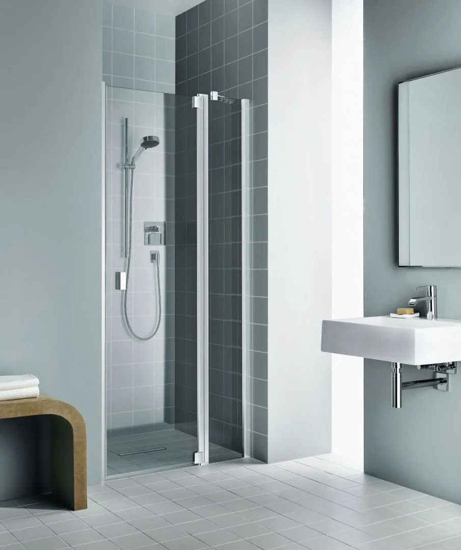 Kermi Pendeltür 1-flügelig mit Festfeld rechts für Nische und Ecke „RAYA“ Glas SR Opaco, Profile Silber Hochglanz, BV: 768 - 808 mm GAK: 755 - 785 mm WE: 768 - 808 mm H: 1850 mm