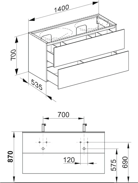 KEUCO Waschtischunterschrank mit Auszügen „Edition 11“ Anthrazit (Glas), Anthrazit (Lack, seidenmatt), links und rechts, ohne Beleuchtung 1400 × 700 × 535 mm