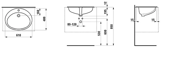 Laufen Einbauwaschtisch mit Überlauf vorn „Indova“, 610 × 480 × 195 mm Laufen Einbauwaschtisch mit Überlauf vorn „Indova“, 610 × 480 × 195 mm