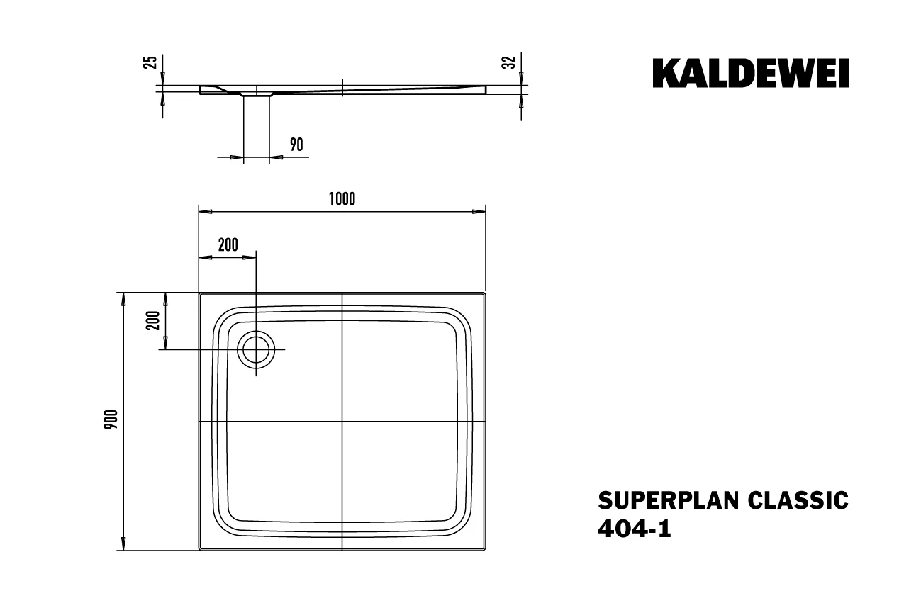 Kaldewei SUPERPLAN CLASSIC Duschfläche, alpinweiß, 900 x 1000 mm, 25 mm tief, Eckablauf, bodeneben