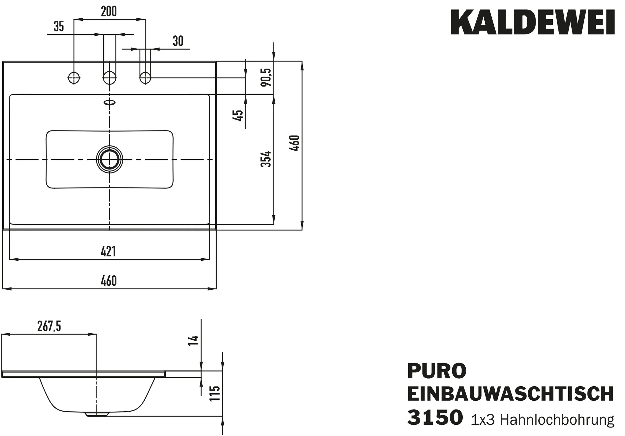 Einbauwaschtisch „Puro“ 46 × 46 cm, mit Überlauf, mit Hahnlochbohrung in alpinweiß mit Perl-Effekt