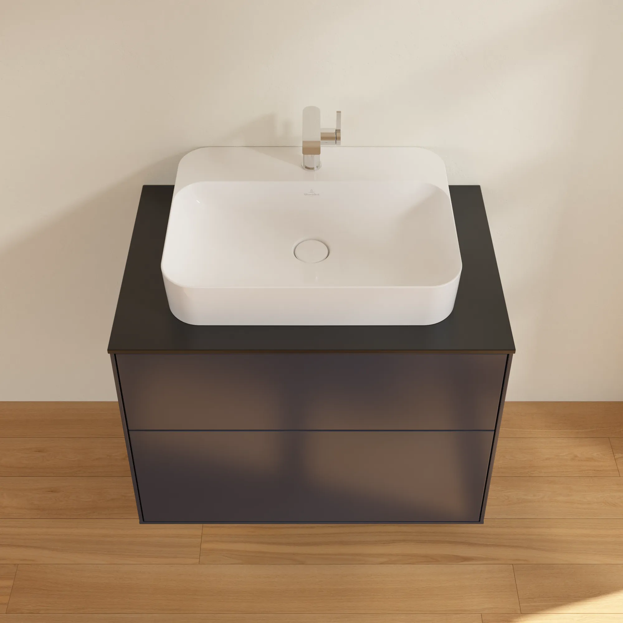 Villeroy & Boch Finion Waschbeckenunterschrank F34, 800 x 603 x 501 mm, Midnight Blue Matt Lacquer / Glass Black Matt