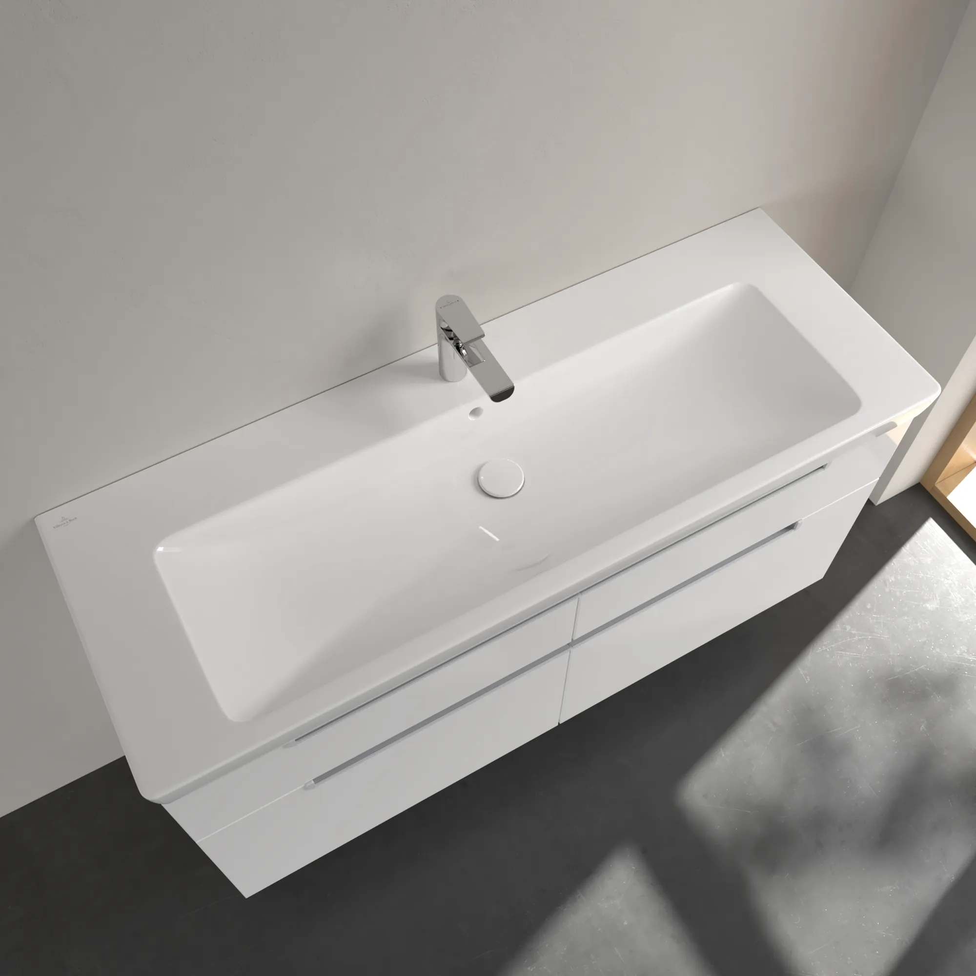 Wandwaschtisch „Subway 2.0“ 130 × 47 × 16 cm, mittig, mit Hahnlochbank, mit Hahnlochbohrung, Hahnlochposition mittig Wandwaschtisch „Subway 2.0“ 130 × 47 × 16 cm, mittig, mit Hahnlochbank, mit Hahnlochbohrung, Hahnlochposition mittig