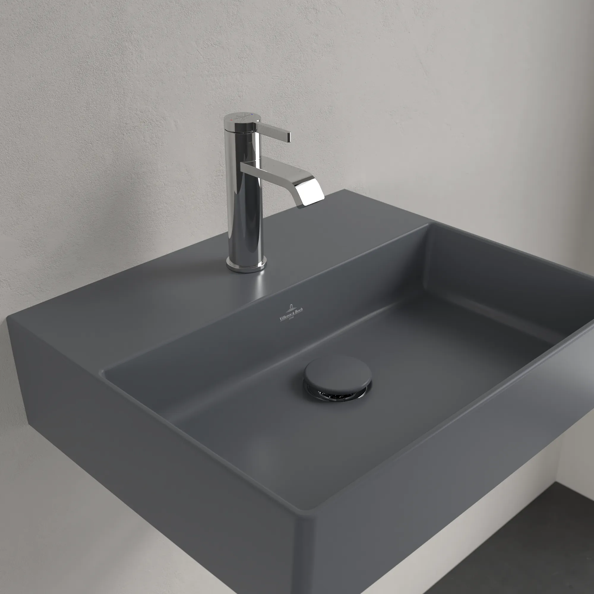 Villeroy & Boch Wandwaschtisch aus TitanCeram geschliffen „Memento 2.0“ 500 × 420 × 140 mm, mit Hahnlochbohrung, Hahnlochposition mittig in Graphite