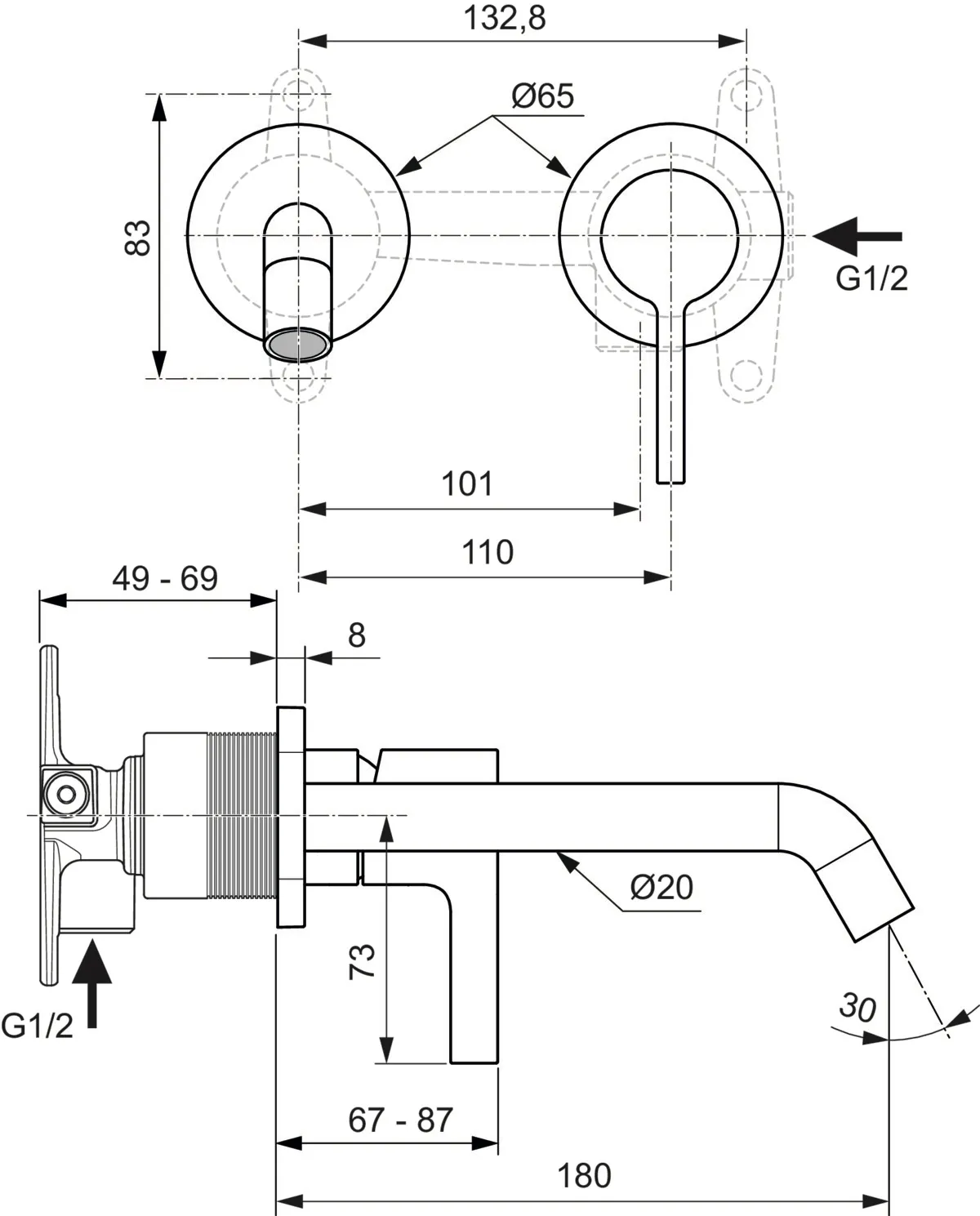 Wand-Waschtischarmatur Joy, Bausatz 2, runde Rosette, Ausladung 180mm, Brushed Gold Wand-Waschtischarmatur Joy, Bausatz 2, runde Rosette, Ausladung 180mm, Brushed Gold