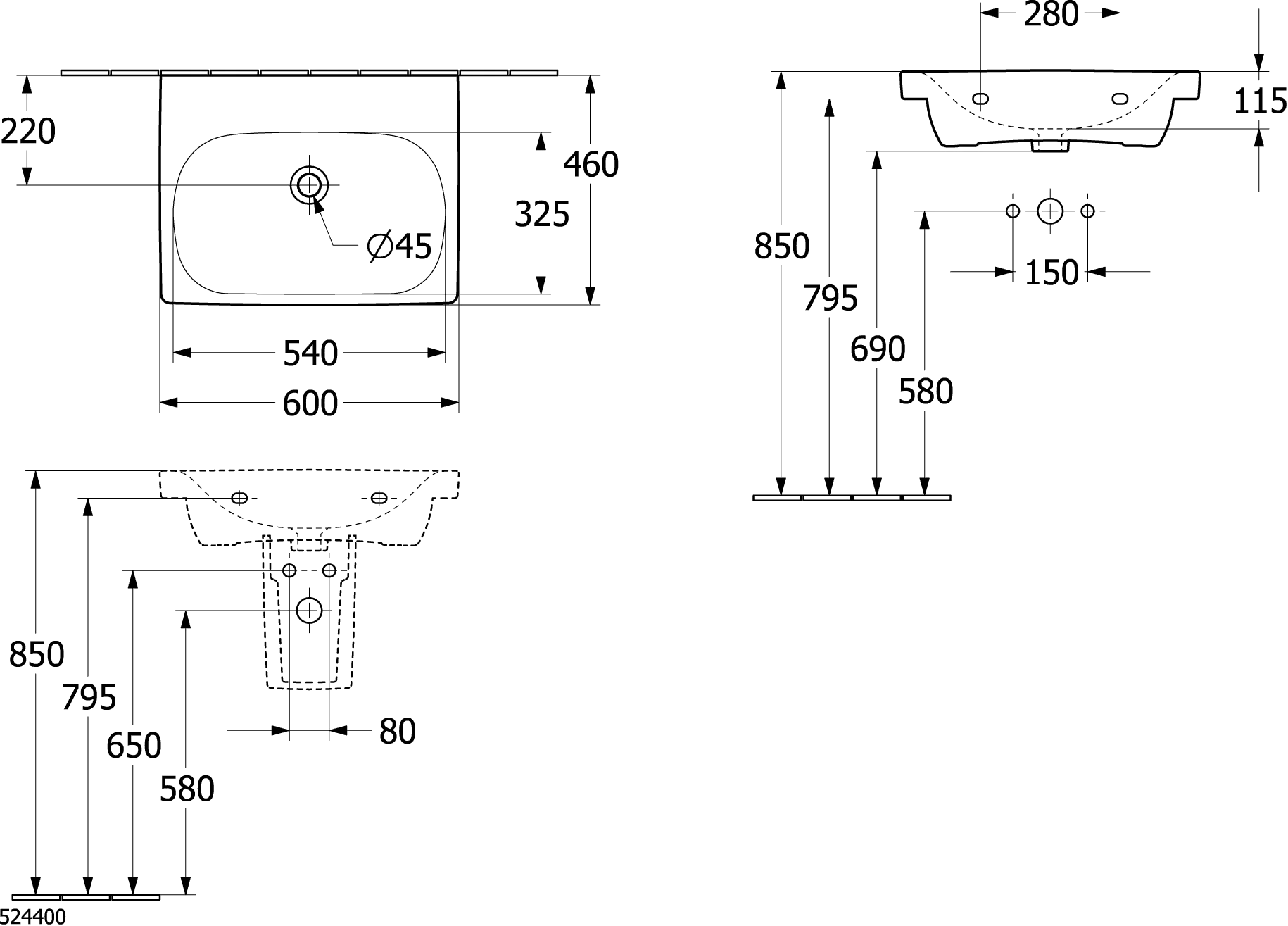 Villeroy & Boch Waschbecken Skyla 5A5162, 600x460mm, Rechteck, Überlauf, Weiß Alpin