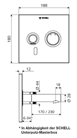 Unterputz-Waschtisch-Armatur LINUS W-E-M, Mischwasser, Infrarot, Unterputznetzteil 9 VDC, 100 - 240 VAC, 50 - 60 Hz, Wandauslauf mit Strahlregler (diebstahlsicher), Auslauf 170 mm, Frontplatte chrom