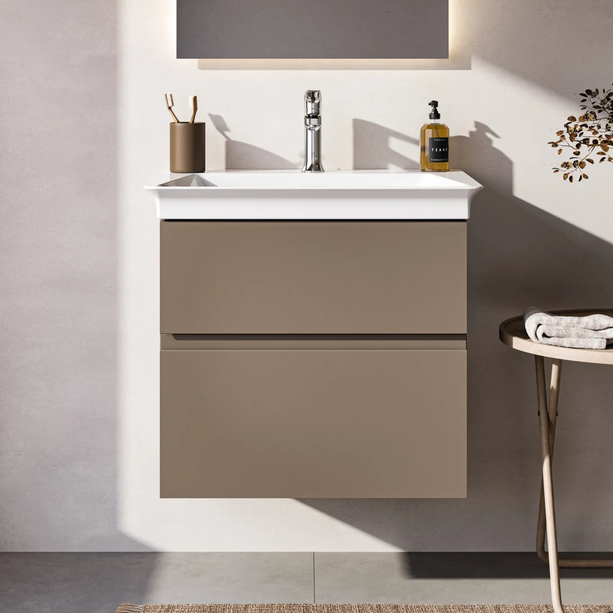 Ideal Standard Möbelwaschtischunterschrank Finesse 600x440x545mm 2 Auszüge Greige matt Ideal Standard Möbelwaschtischunterschrank Finesse 600x440x545mm 2 Auszüge Greige matt