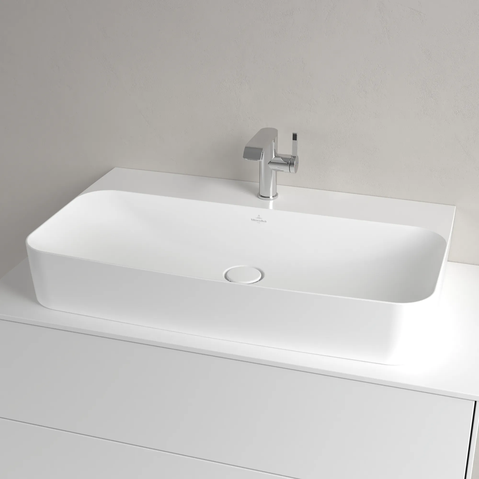 Villeroy & Boch Wandwaschtisch aus TitanCeram geschliffen „Finion“ 800 × 470 × 165 mm, mit Hahnlochbohrung, Hahnlochposition mittig in Stone White, mit CeramicPlus Villeroy & Boch Wandwaschtisch aus TitanCeram geschliffen „Finion“ 800 × 470 × 165 mm, mit Hahnlochbohrung, Hahnlochposition mittig in Stone White, mit CeramicPlus