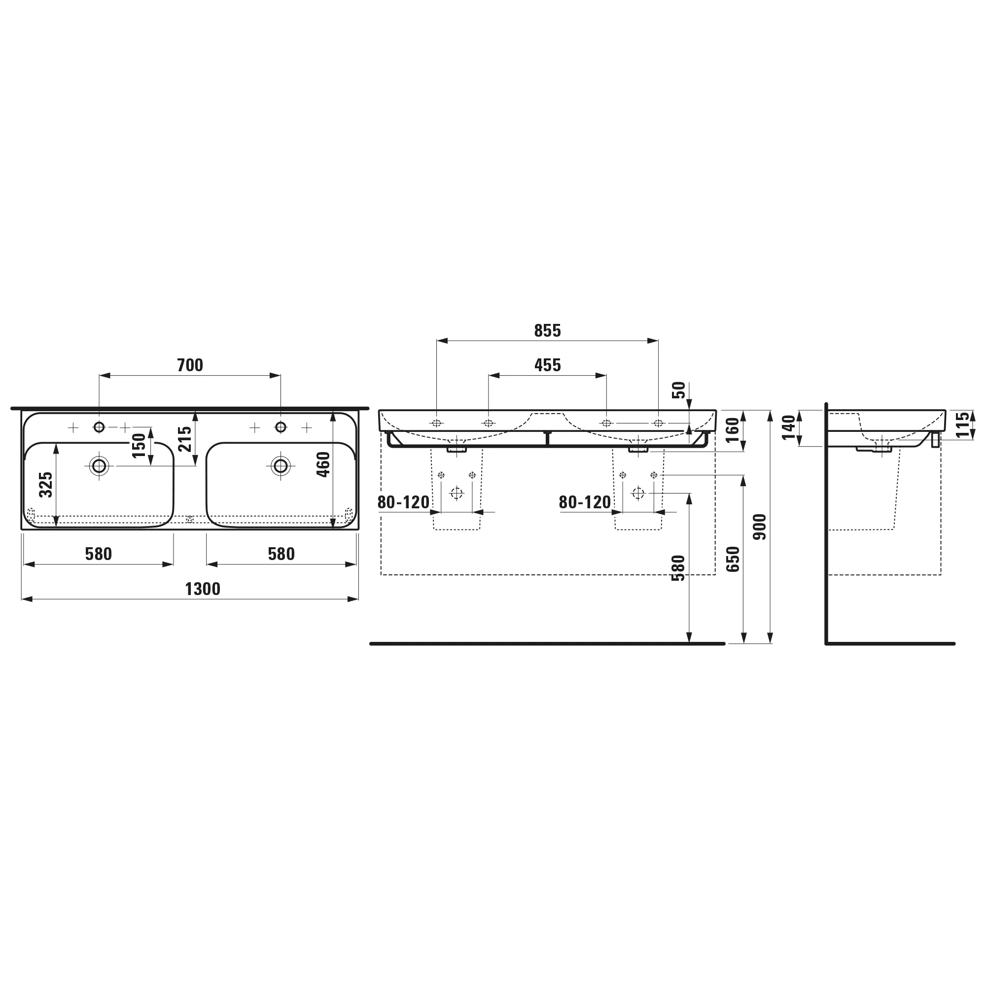 Doppelwaschtisch, MEDA, 460x1300x160, 1 Hahnloch je Becken mit Überlauf, weiß Doppelwaschtisch, MEDA, 460x1300x160, 1 Hahnloch je Becken mit Überlauf, weiß