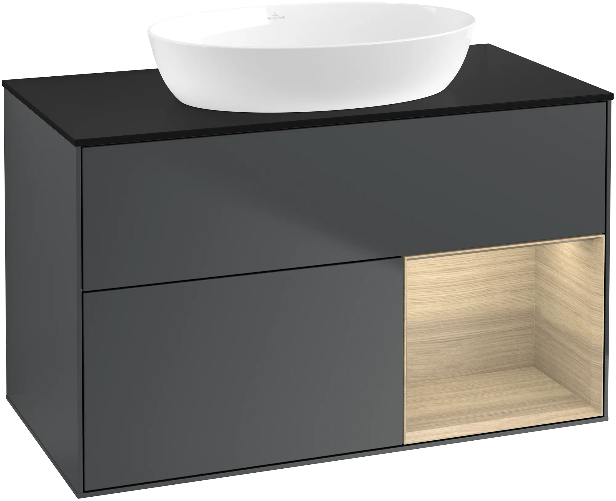 Villeroy & Boch Finion Waschbeckenunterschrank GA2, 1000 x 603 x 501 mm, Midnight Blue Matt Lacquer / Oak Veneer / Glass Black Matt