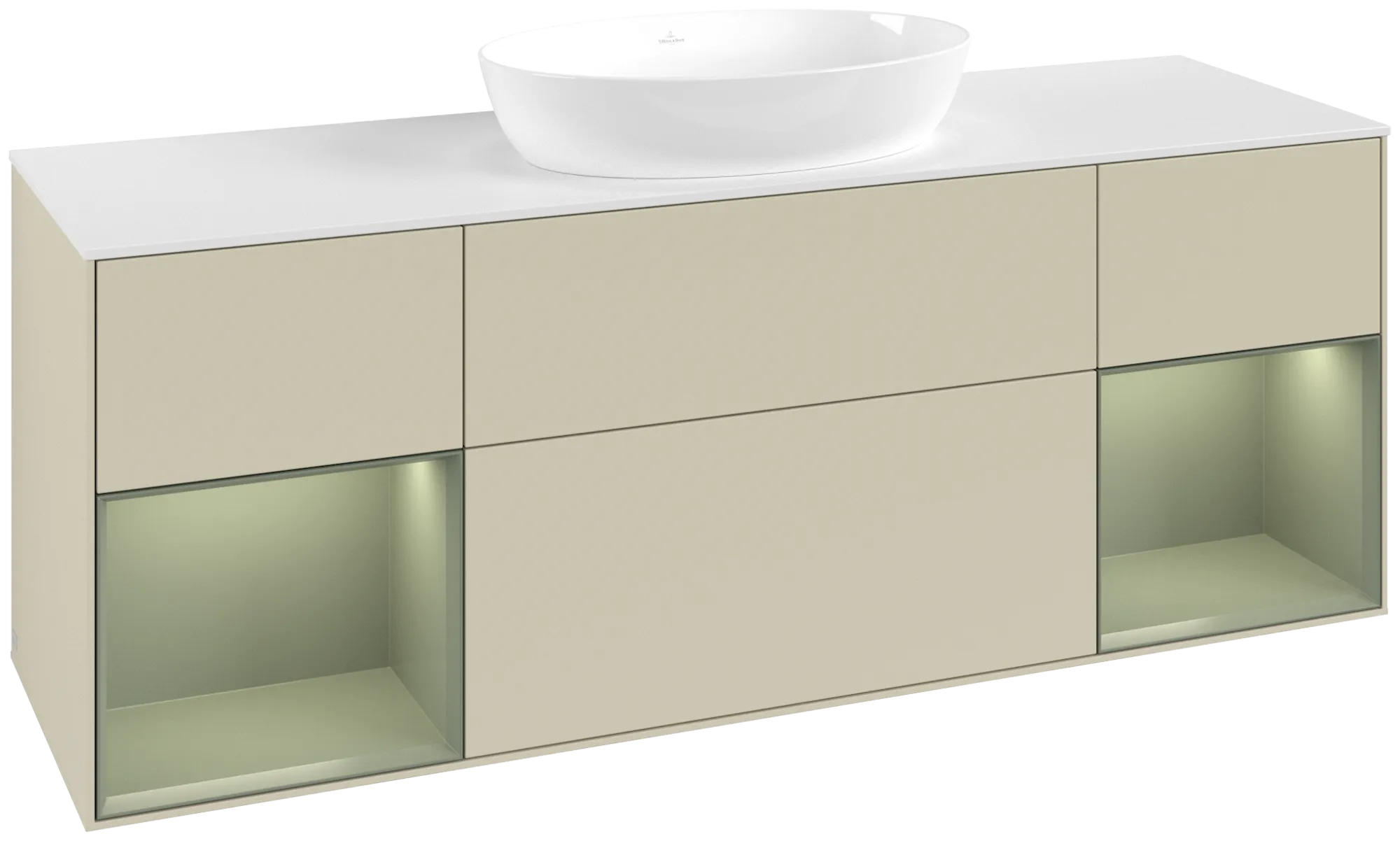 Villeroy & Boch Waschbeckenunterschrank Finion FD0, 1600x603x501mm, mit Beleuchtung, 4 Auszüge, Silk Grey Matt Lacquer / Olive Matt Lacquer / Glass