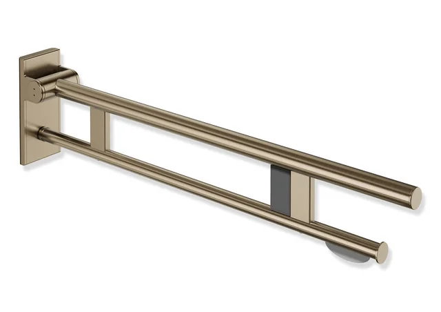 HEWI Stützklappgriff Duo System 900, Design A, Edelstahl PVD bronze gebürstet, Ausladung 850 mm, mit WC-Papierhalter und Funk-Spülauslösung, rechts