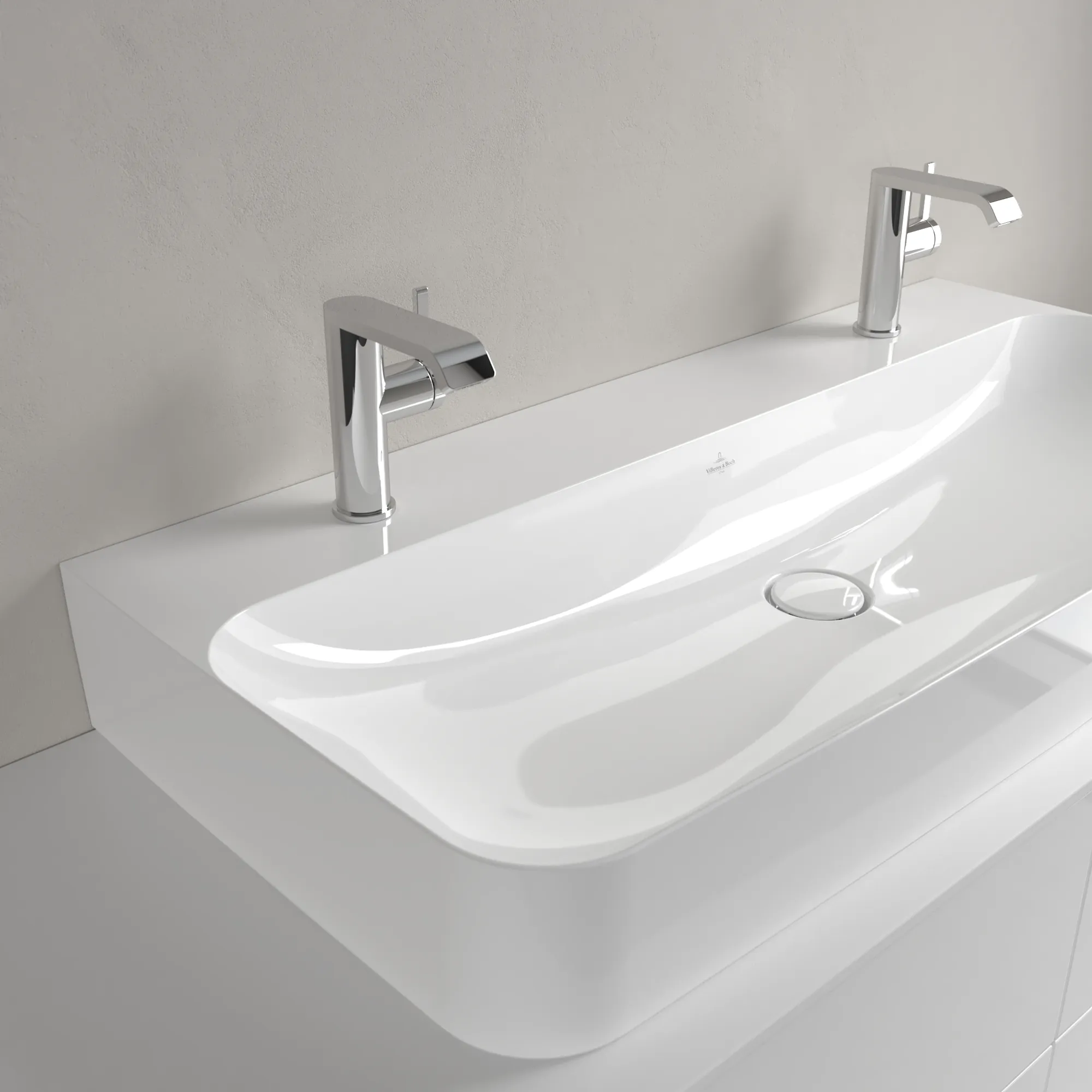 Villeroy & Boch Wandwaschtisch aus TitanCeram geschliffen „Finion“ 1000 × 470 × 165 mm, Hahnlochposition links und rechts, mit Hahnlochbohrung in Weiß Alpin, mit CeramicPlus Villeroy & Boch Wandwaschtisch aus TitanCeram geschliffen „Finion“ 1000 × 470 × 165 mm, Hahnlochposition links und rechts, mit Hahnlochbohrung in Weiß Alpin, mit CeramicPlus