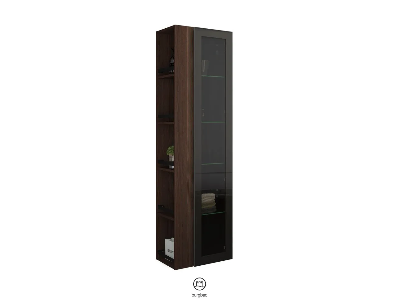 Hochschrank, 1 Alurahmentür mit Rauchglaseinsatz in Bronze;4 Glaseinlegeböden;offenes Regal mit 4 Einlegeböden, Tiefe: 320 mm, Breite: 500 mm, Höhe: 1760 mm
