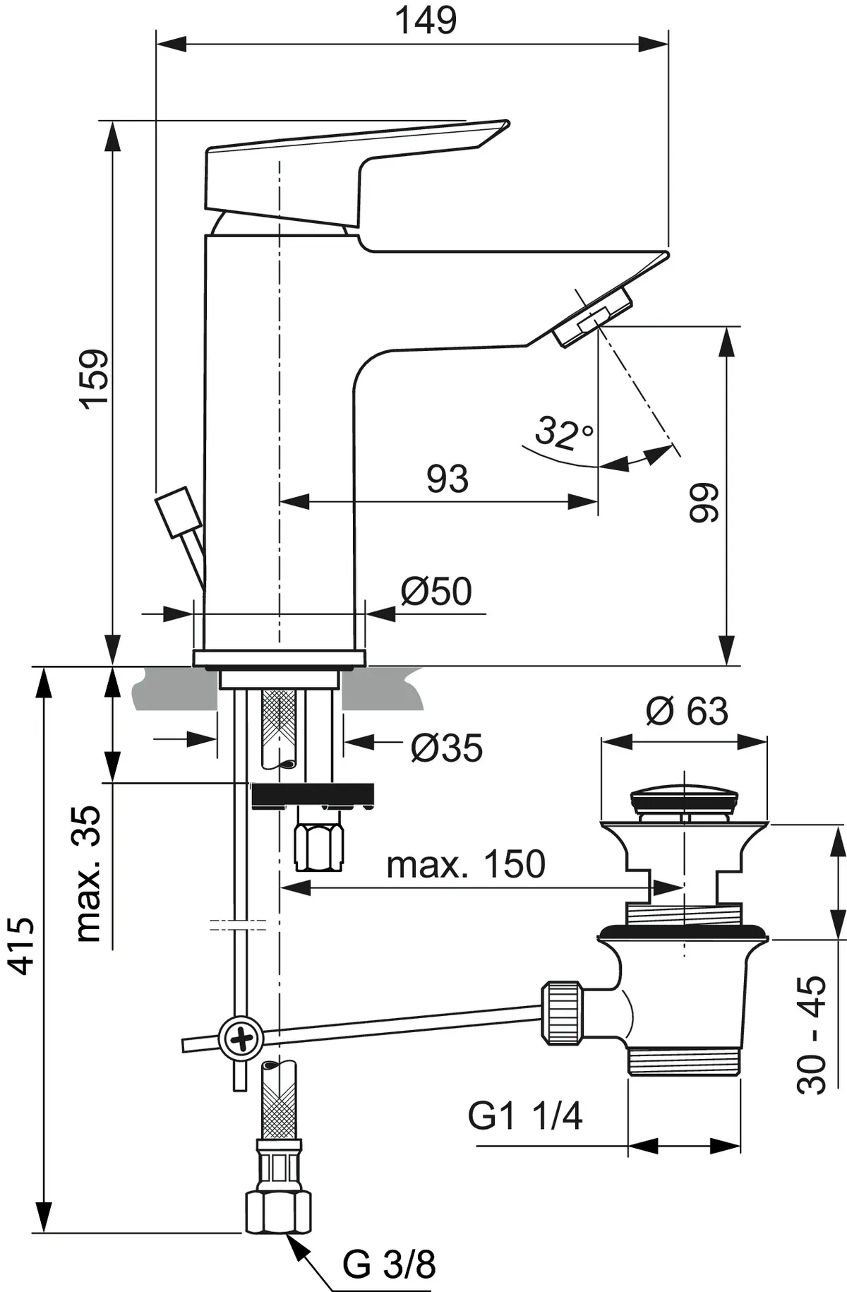 Einhand-Waschtischarmatur „Tesi“ Ausladung 93 mm