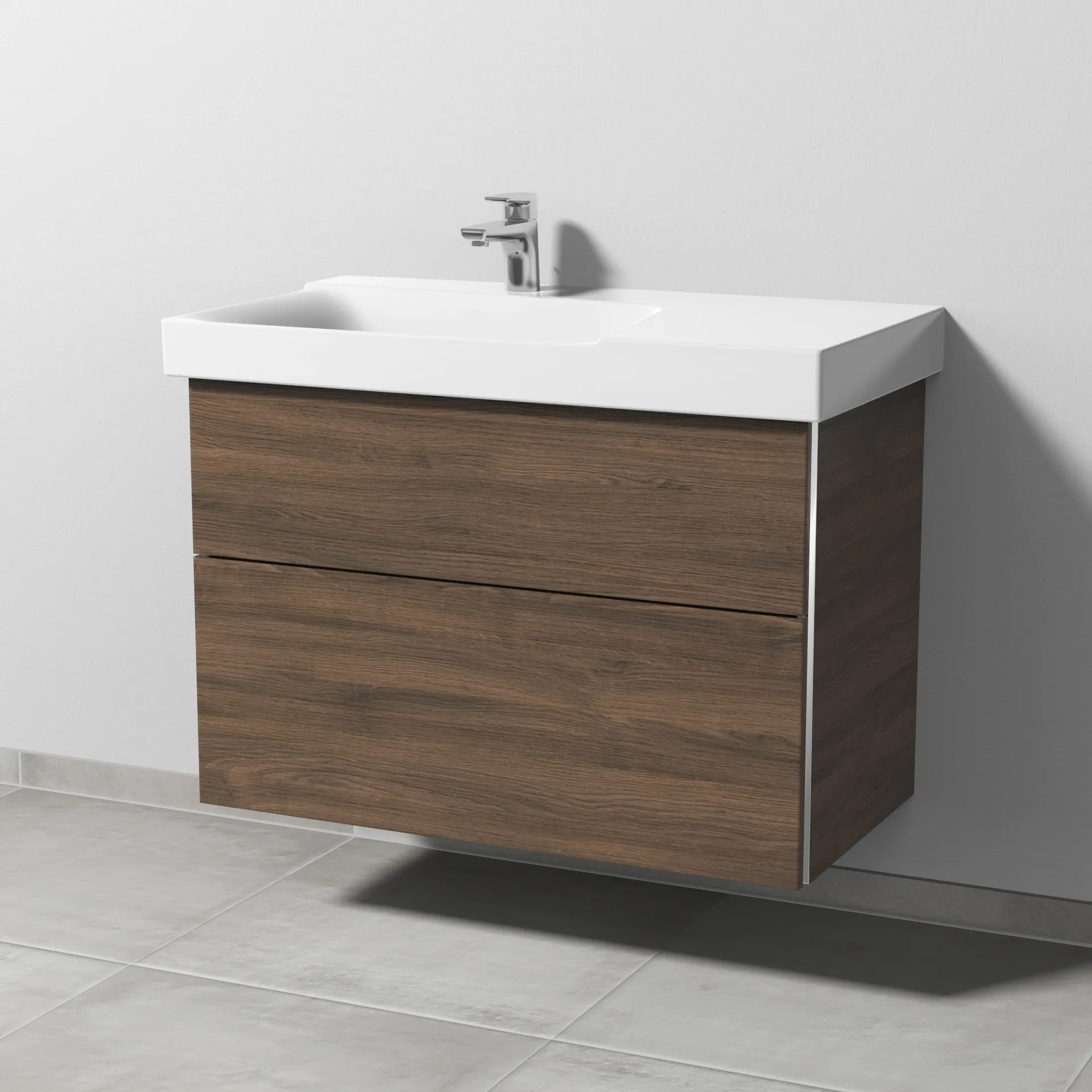 Sanipa Waschtischunterschrank „3way“ passend zu Keramik-Waschtische Xeno2 von Geberit 850 × 593 × 452 mm in Eiche Arizona, Becken links