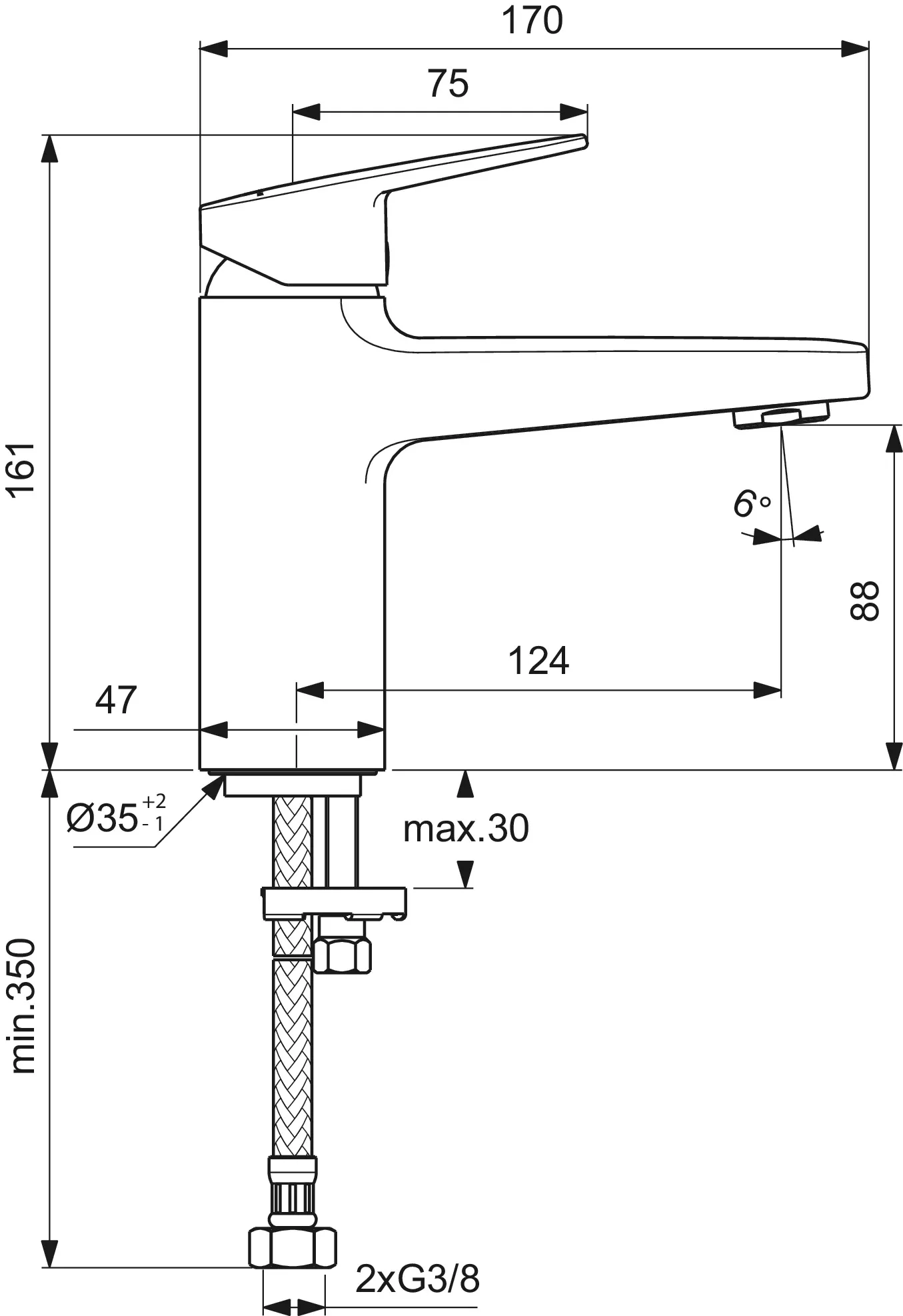 Einhand-Waschtischarmatur „Ceraplan“ Ausladung 124 mm in Chrom