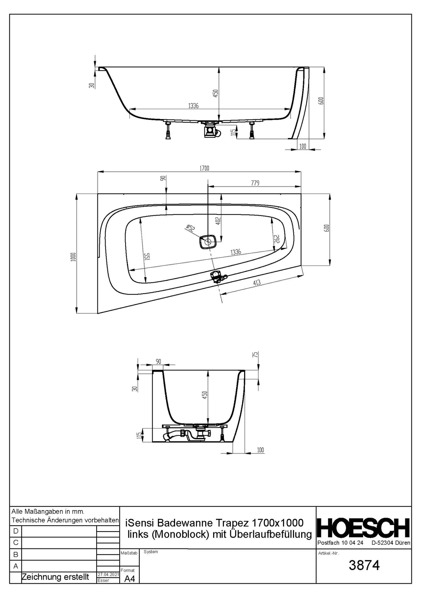 Hoesch iSensi Trapez 1700x1000 Monolith links mit Überlaufbefüllung chrom, fest Schürze Hoesch iSensi Trapez 1700x1000 Monolith links mit Überlaufbefüllung chrom, fest Schürze