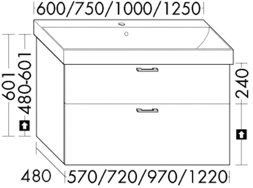 Waschtischunterschrank Sys30 von burgbad – rechts/links, 720 mm breit, 480 mm tief, 601 mm hoch, 1 Schublade oben mit Siphonausschnitt, 1 Auszug unten