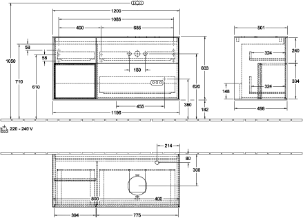 Villeroy & Boch Waschtischunterschrank „Finion“ für Schrankwaschtisch 120 × 60,3 × 50,1 cm 3 Schubladen, für Waschtischposition rechts, inkl. Beleuchtung rechts