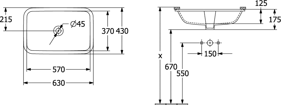 Villeroy & Boch Unterbauwaschtisch „Architectura“ 630 × 430 × 175 mm, ohne Hahnlochbohrung in Weiß Alpin Villeroy & Boch Unterbauwaschtisch „Architectura“ 630 × 430 × 175 mm, ohne Hahnlochbohrung in Weiß Alpin