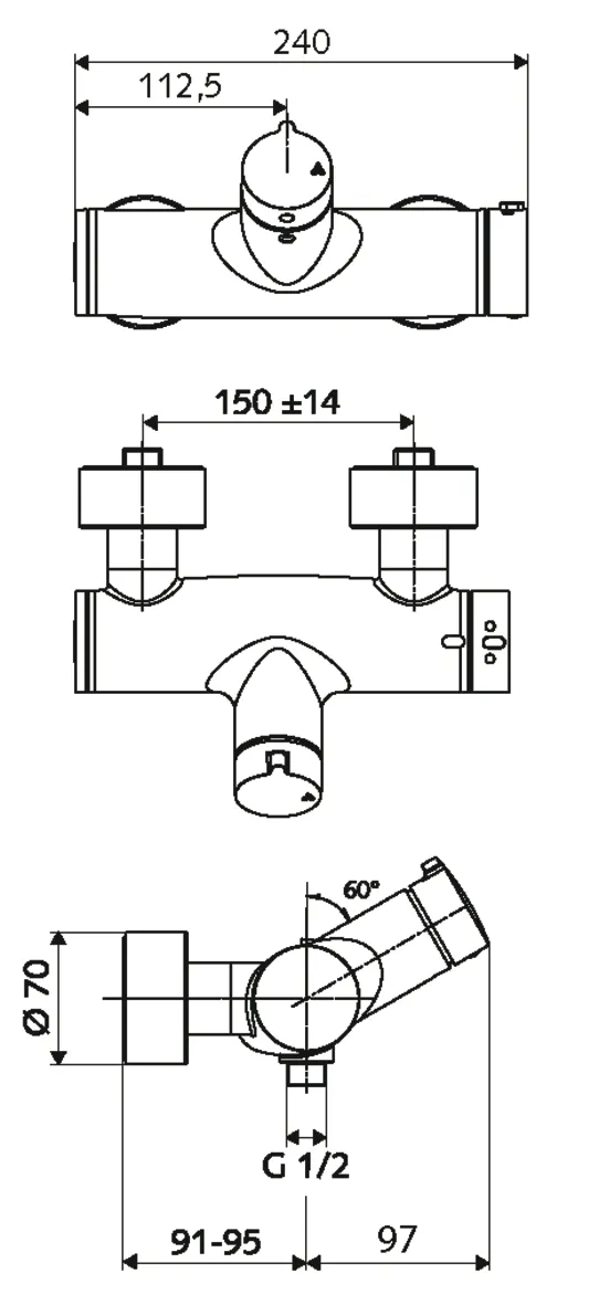 Aufputz-Duscharmatur VITUS VD-Auf/Zu-T / u, Mischwasser, Thermostat, Auf/Zu-Aufputz-Duscharmatur, 2 RFV, 2x DN 15 G 1/2 AG, DN 15 G 1/2 AG (unten), chrom