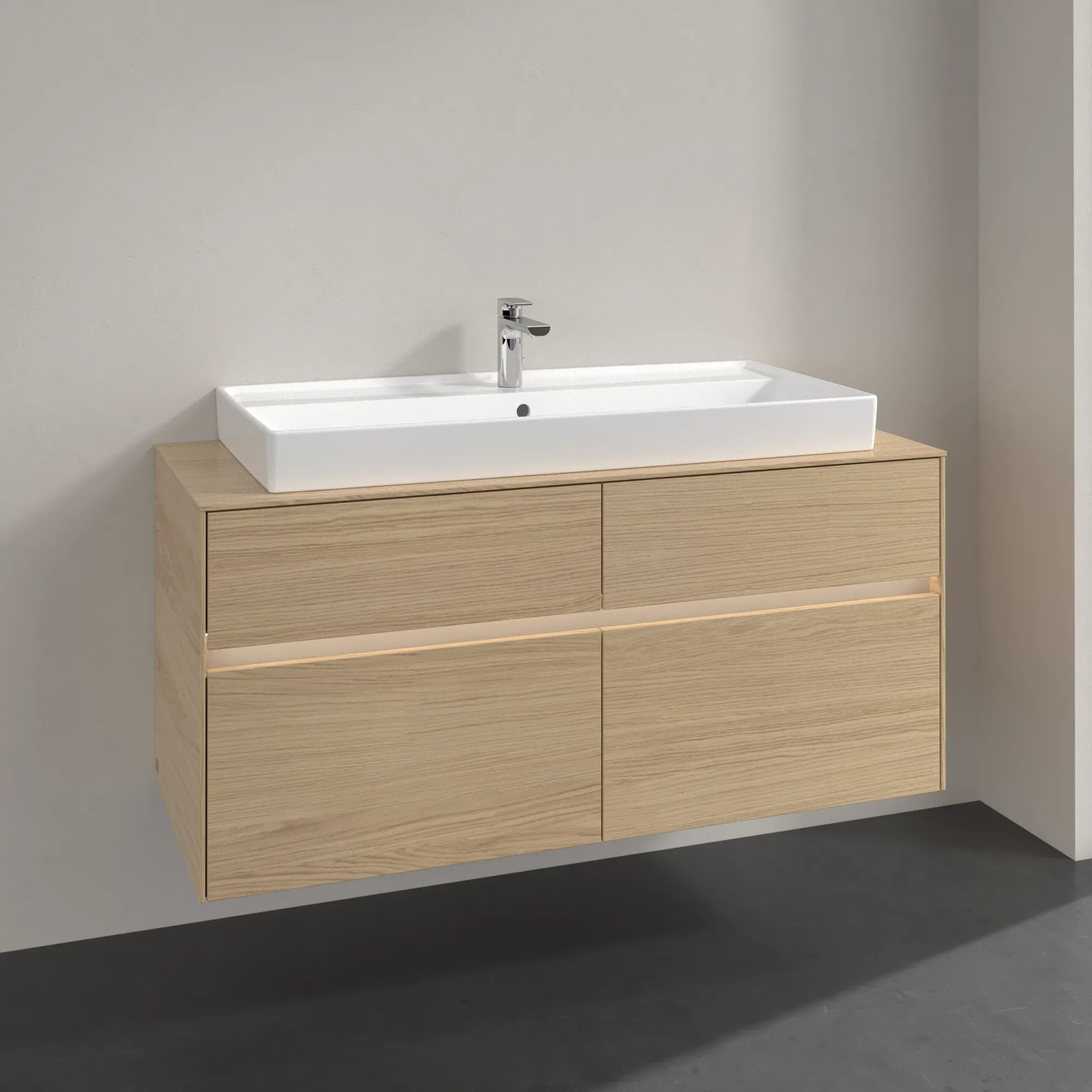 Villeroy & Boch Waschtischunterschrank „Collaro“ 1200 × 548 × 500 mm Nordic Oak, mit Beleuchtung, für Becken mittig