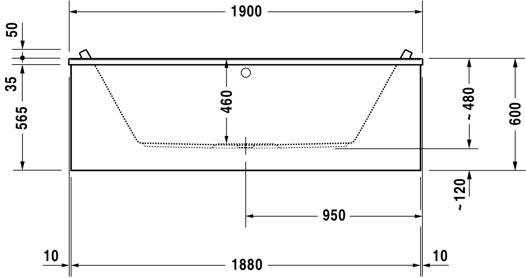 Duravit Whirlwanne „Starck“ rechteck 190 × 90 cm, Mittelablauf 